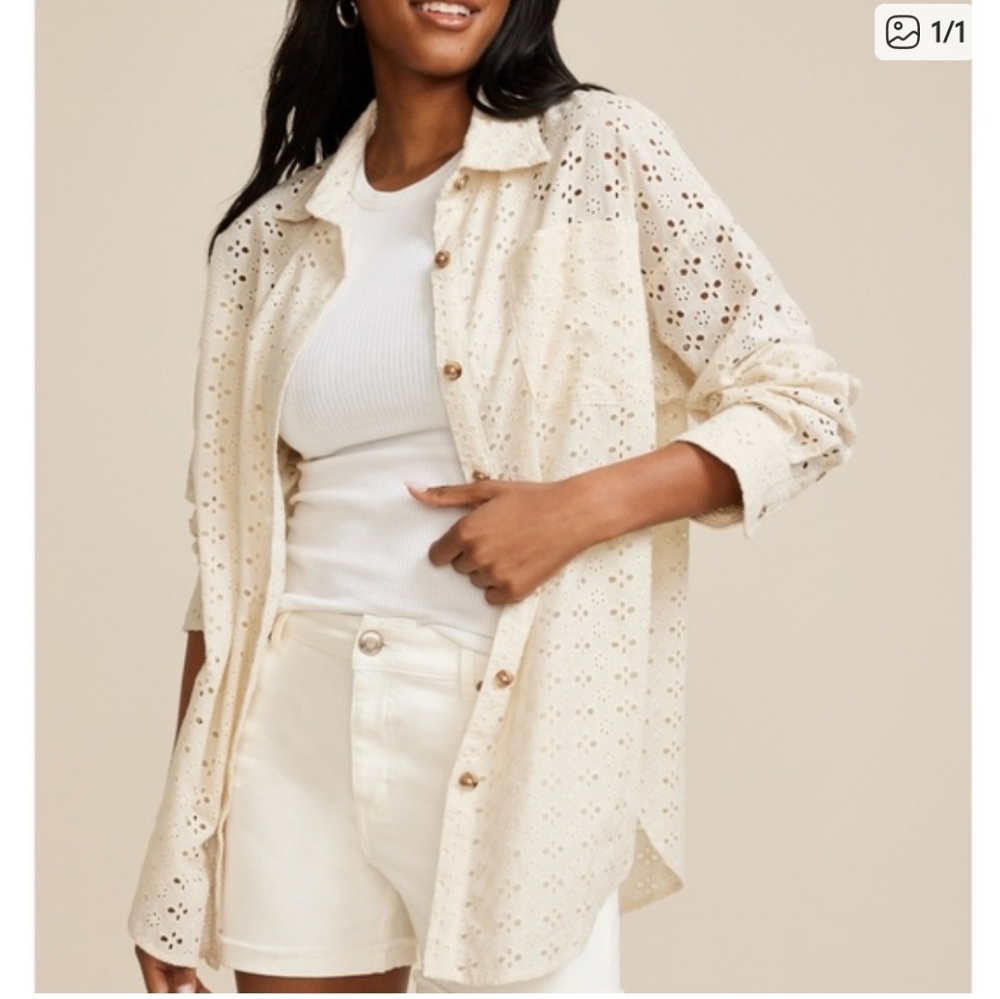 Maurices Beige Eyelet Button-Down Shirt